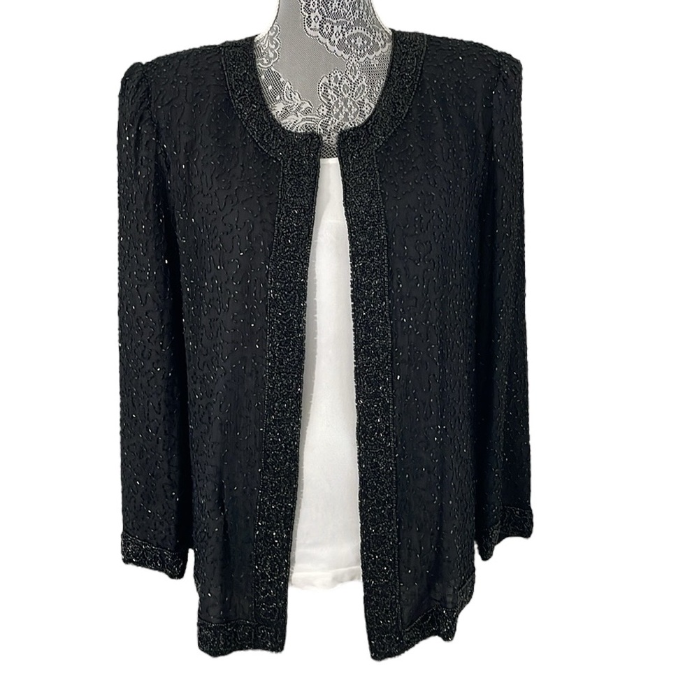 Laurence Kazar Size XL‎ black silk beaded jacket blouse.